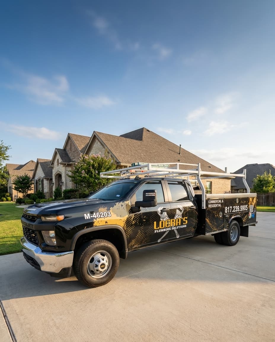 Loera's Plumbing Solutions service truck parked in a Fort Worth neighborhood